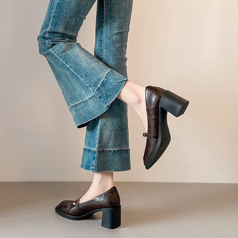 LVJMJ Mary Jane - Scarpe da donna in pelle con tacco grosso e punta quadrata, stile retrò, da ufficio, lavoro, comode, traspiranti, tacco basso da 4,5 cm