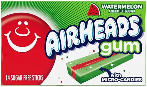 Miniatura 3 de Airheads Caramelo, goma de mascar, sabor a sandía, sin azúcar, xilitol, 14 barras por paquete, caja de 12 paquetes