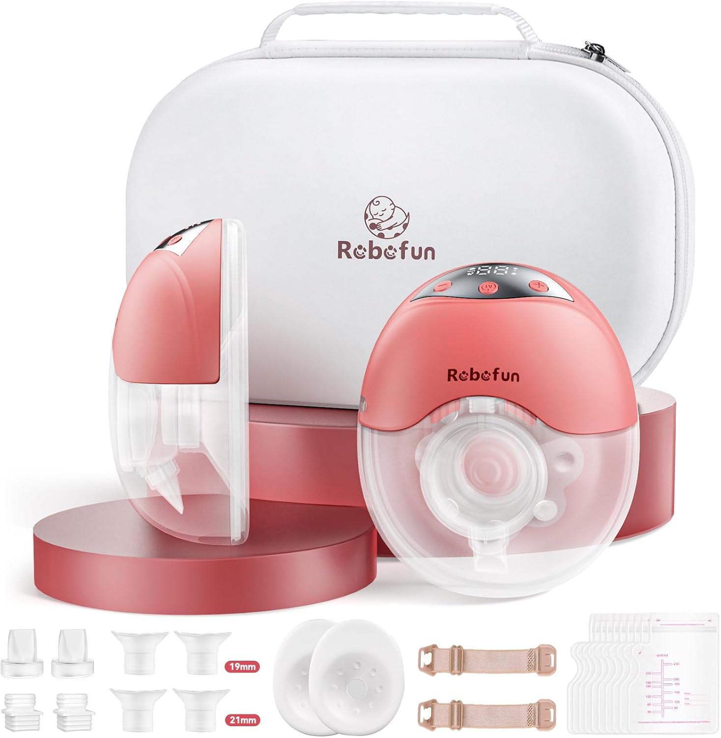 2 Piezas Sacaleches Eléctrico Manos Libres, Extractor de Leche Doble Silencioso, 4 Modos y 12 Niveles de Succión, Extractor de Leche Eléctrico con Cubierta Antipolvo, 19mm/21mm/24mm, Rosa