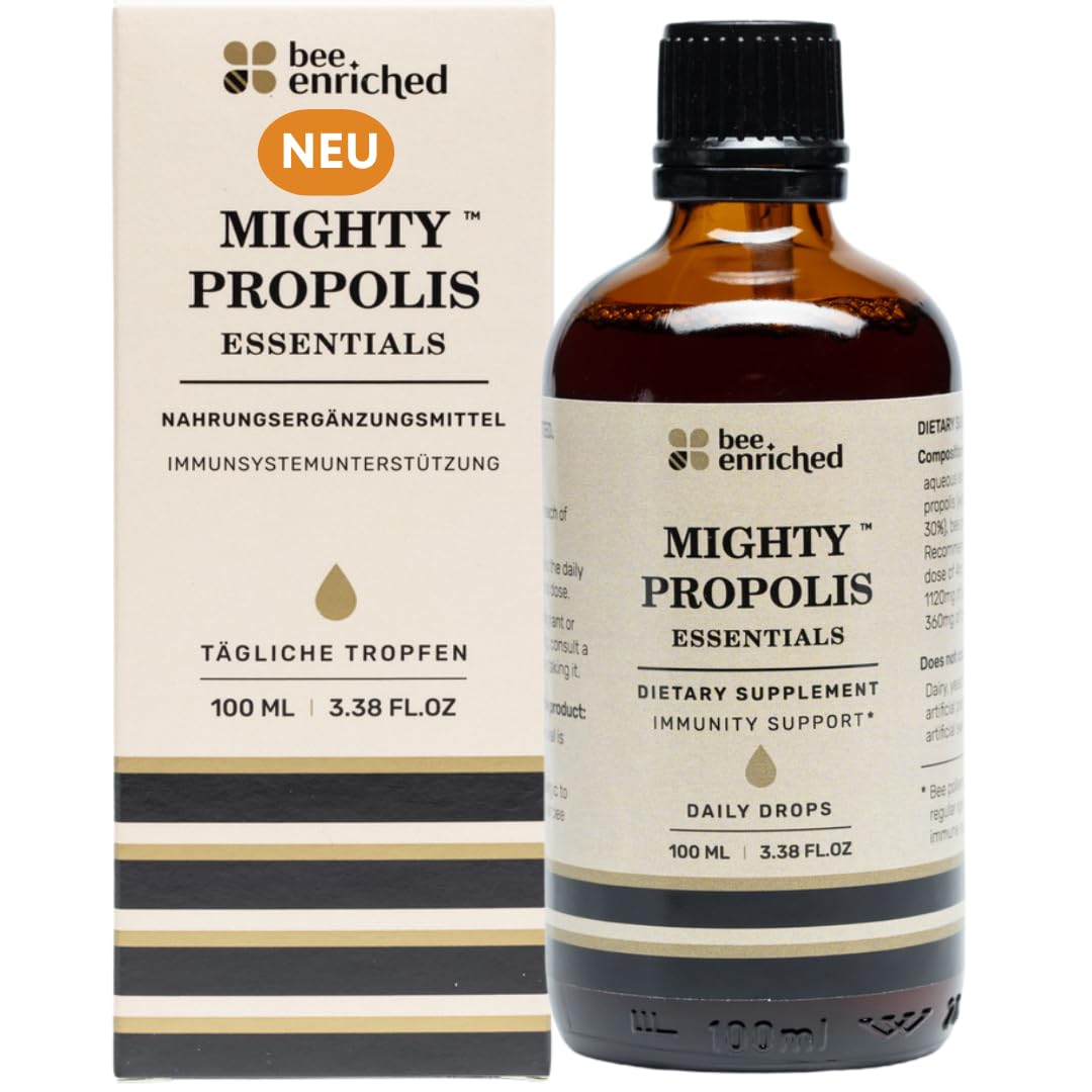 Propolis Tropfen ohne Alkohol 39% 1480 mg - Mighty Propolis Essentials 100 ml mit Bienen Pollen Hochdosiert - Natürliche Unterstützung bei Erkältungen auch für Kinder von Bee Enriched | Tinktur