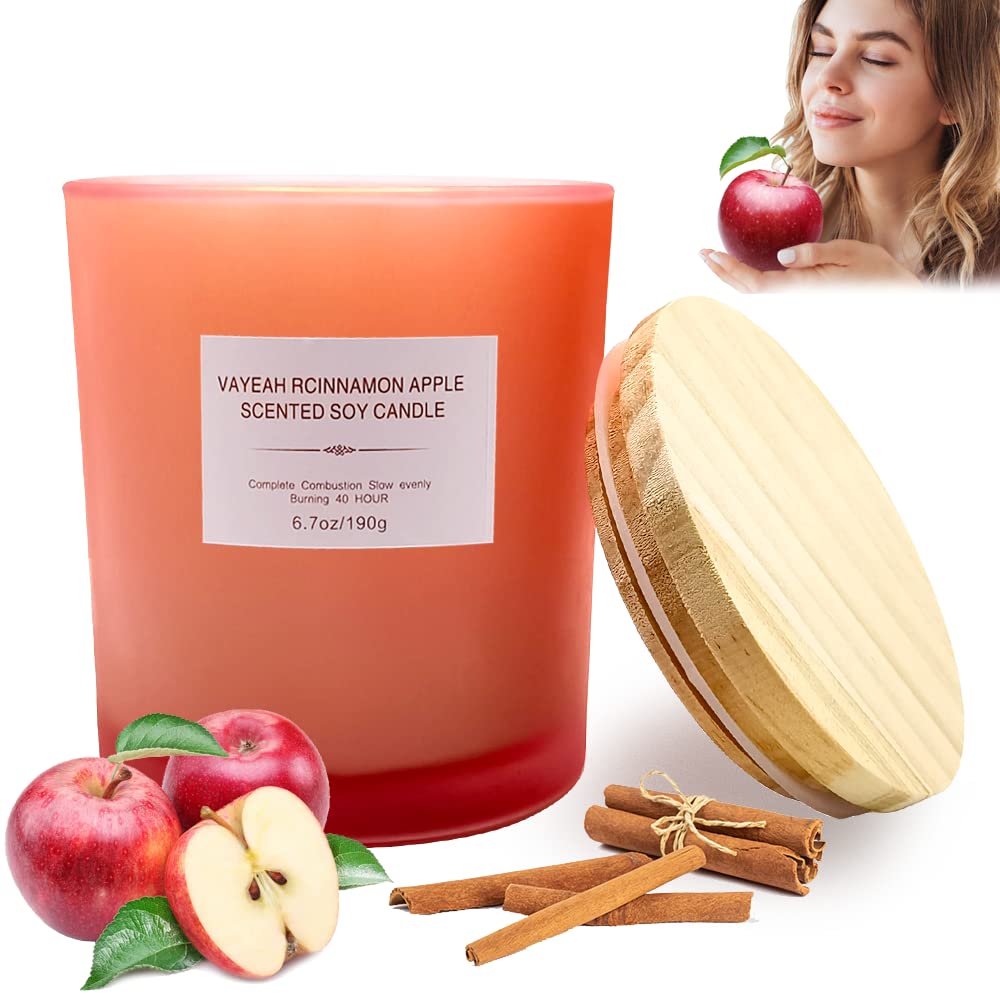 VAYEAH Candles for Home Scented Strong Scent Apple Cinnamon Soy Scented Candle Fragrance Aromatherapy Candles Gifts for Women Men Evenly Clean Burn 45H Long Lasting Relaxing Candle for Stress Relief