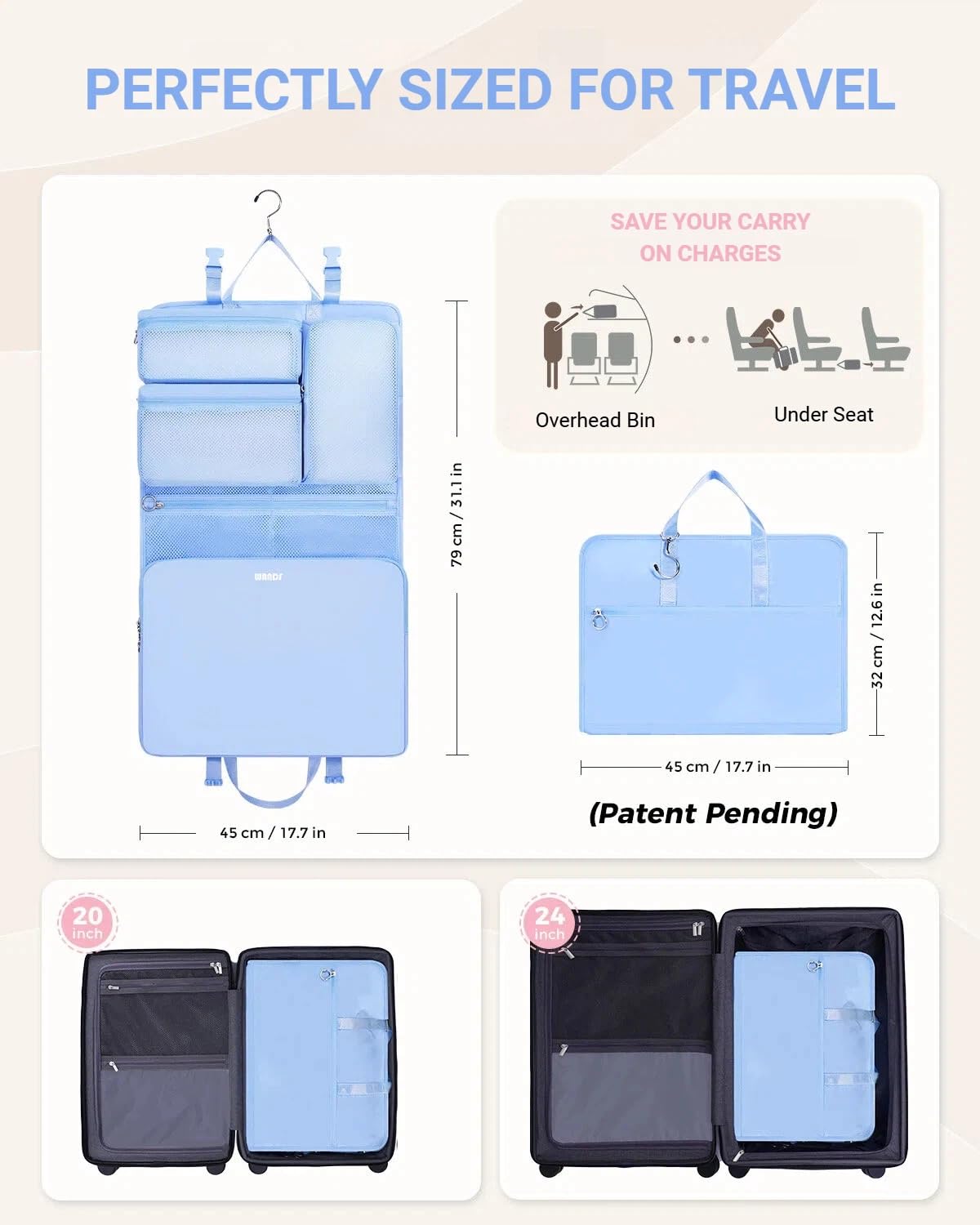 WANDF Cubi da Viaggio 6-in-1 Organizzatore per Valigie con Gancio 360°, Cubi da Viaggio Comprimibili Idrorepellenti, Bagaglio a Mano Multifunzionale, Accessori Viaggio Uomo e Donna, Blu