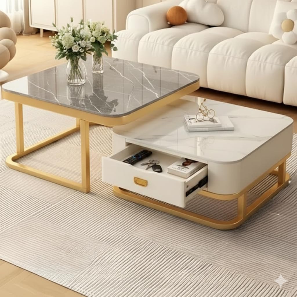 Modern Nesting Coffee Table Set with Marble Finish Top & Black Metal Frame Space Saving Center Table Contemporary Nesting Tables for Living Room, Home & Office (Golden White Grey)-image-37