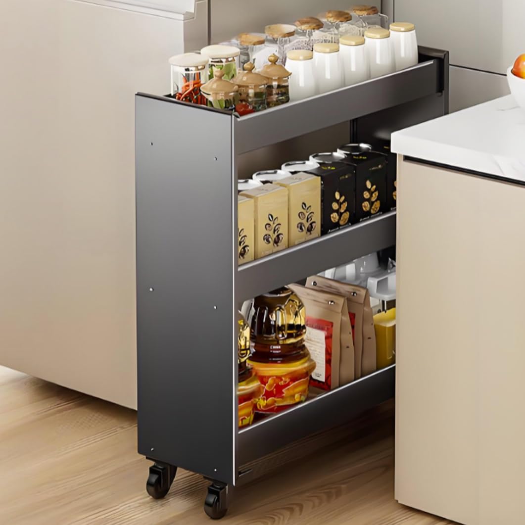 Carrello portaoggetti sottile in metallo a 3 ripiani, con ruote, stretto, per cucina e bagno, soluzione salvaspazio (grigio, 40,9 x 16,8 x 65,8 cm)