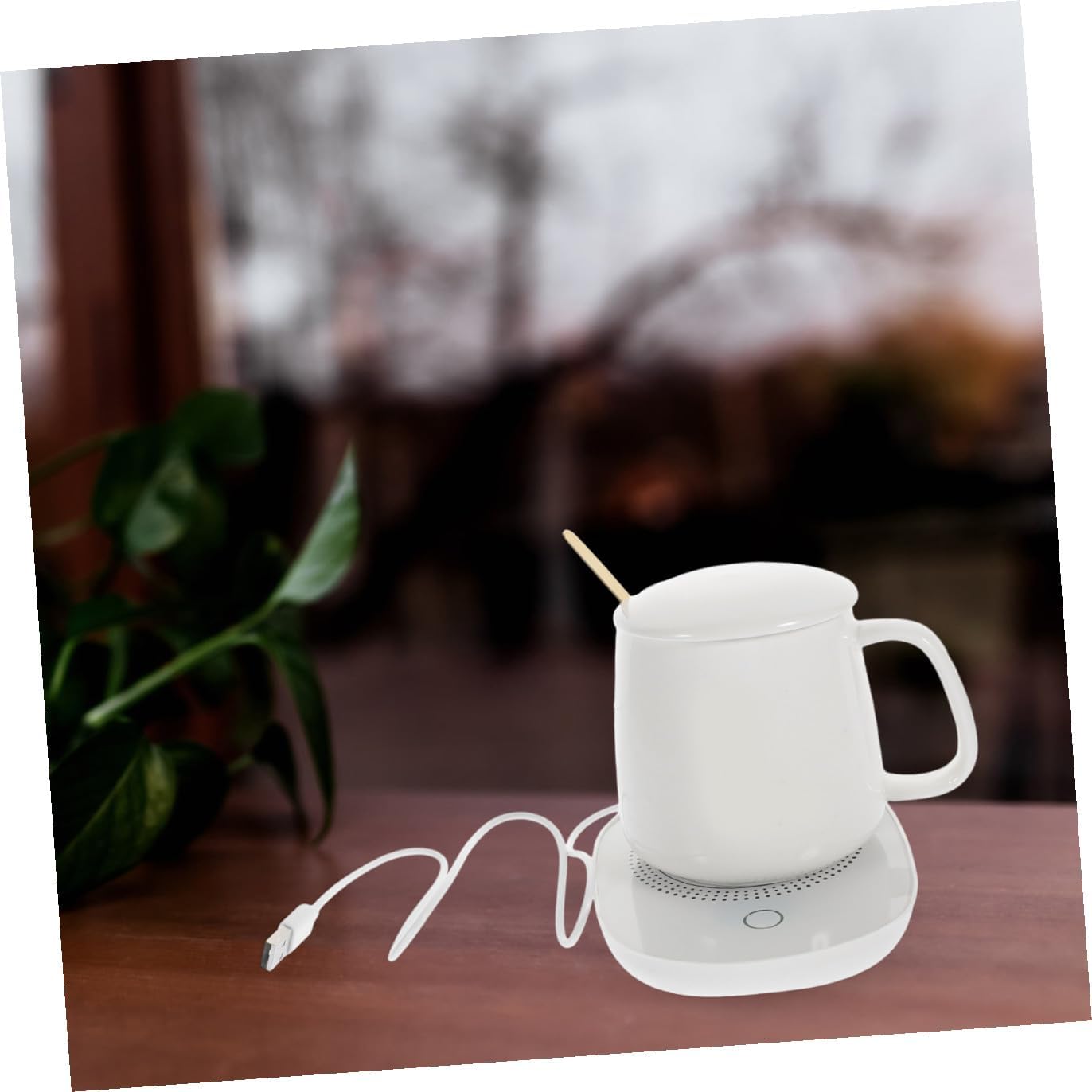 SEWACC Thermostatic USB Cup Warmer Pad with Gravity Sensor, Electric Milk and Coffee Heating Mat, Beige Ceramic Beverage Warmer for Home and Milk Heating