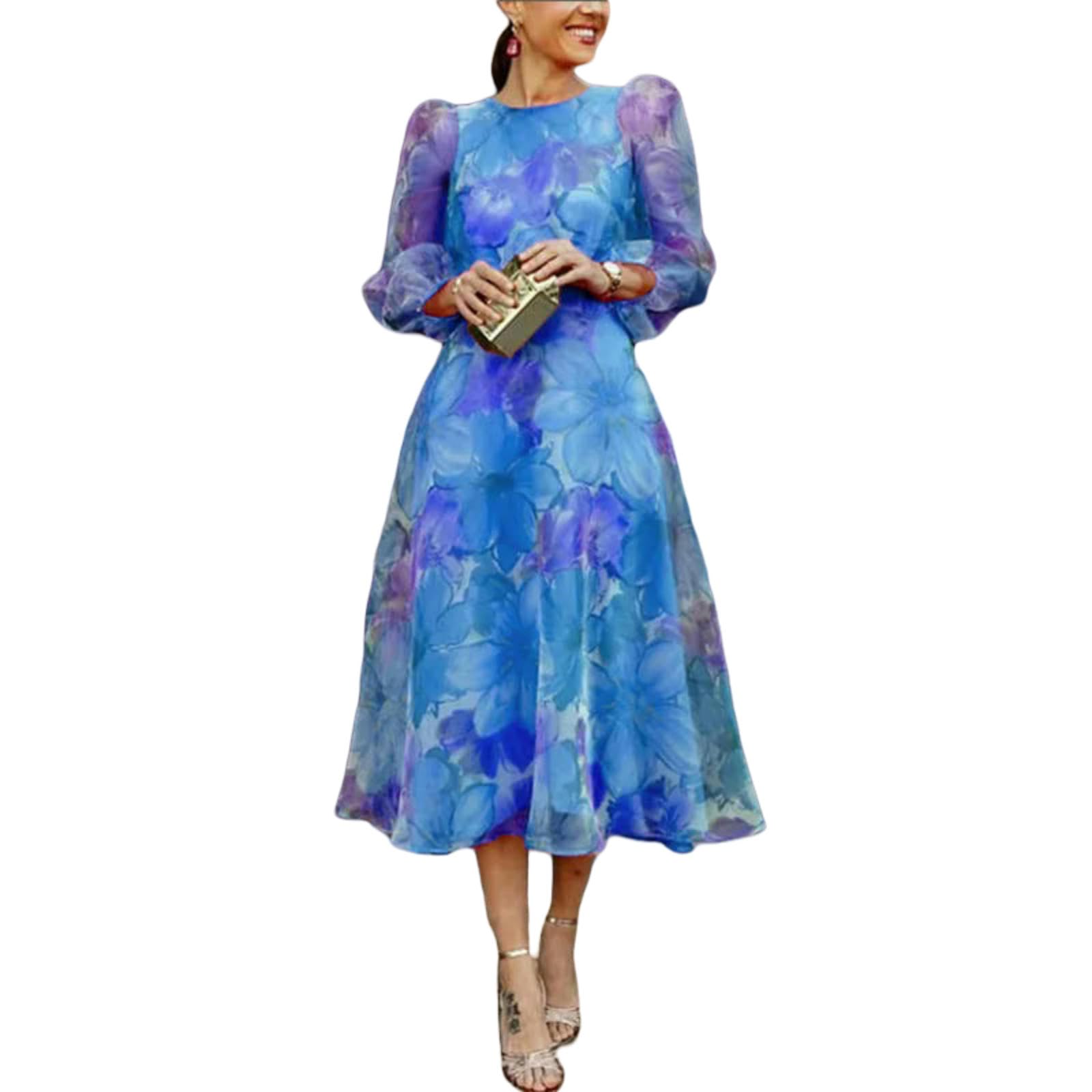 Vestiti a Maniche Lunghe Abito da Sera Autunnale Femminile, Elegante Stampato Floreale Casual, Festa con Manicotto 3 4 Molla, Femminile