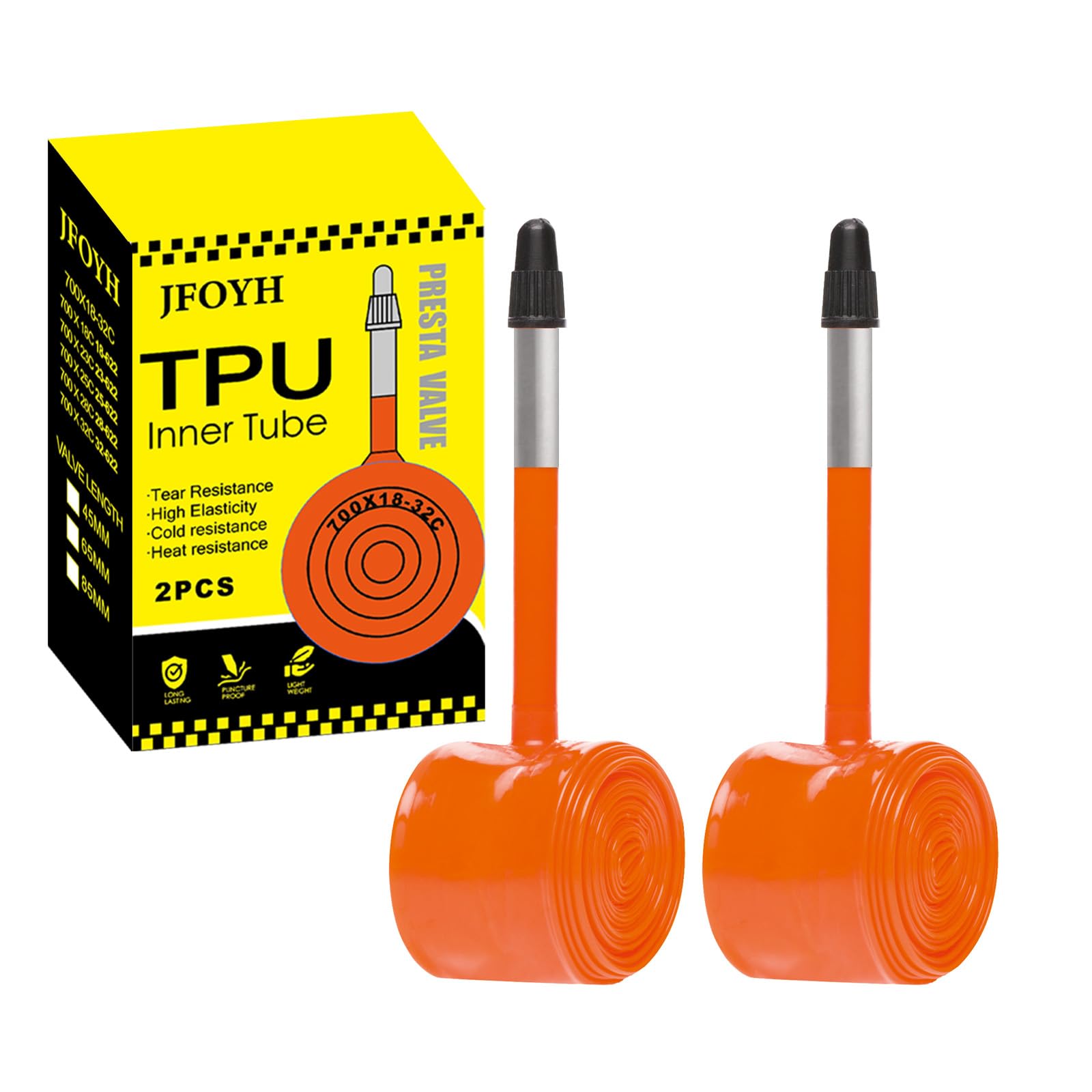 JFOYH TPU Road Bike Inner Tube 700C x 18–32, 2-Pack Ultralight Bicycle Tube with 45mm / 65mm / 85mm Presta Valve, Compatible with Road & Gravel Bikes