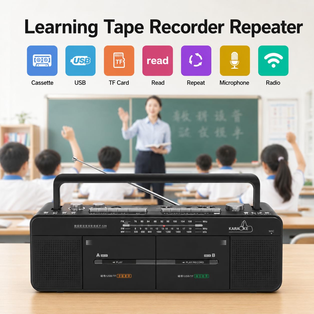 Doppio lettore nastro - Registratore a cassette - Radio FM/SW/WM - Disco MP3/U, riproduzione di schede TF - Registrazione con un clic