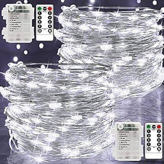 Fairy Lights Battery Operated, 2 Pack 12M 120 LED String Lights Copper Wire Lights with Remote 8 Modes Waterproof Decorative Lighting for Outdoor/Indoor Bedroom Party Wedding Christmas (White)