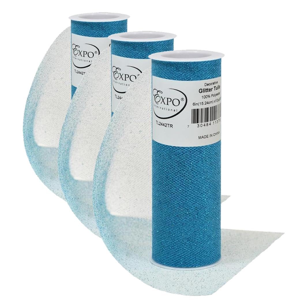 Expo International Decorative Glitter Tulle, Roll/Spool of 6” X 10 Yards, Lightweight Polyester Tulle Fabric for Costumes, Wedding, and Party Decorations, Washable, Easy-to-Use, Turquoise (Pack of 3)