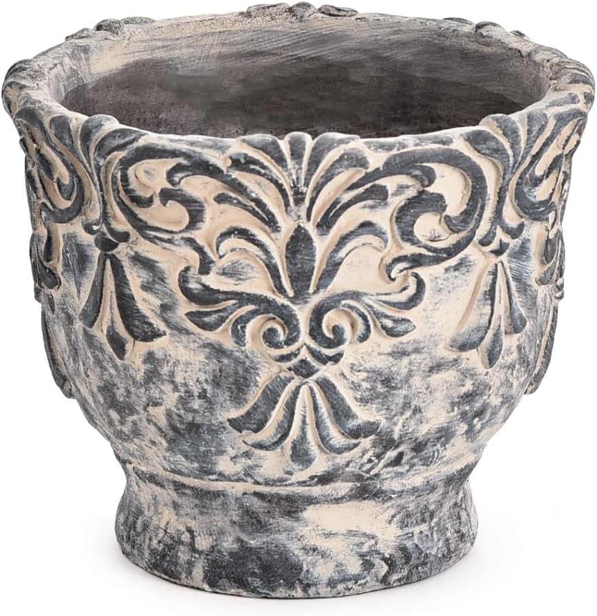 Sungmor 9.2 Inch Cement Plant Pot for Plants, Succulent Planter with Embossed Design, Vintage Concrete Flowerpots with Drainage Hole, Decorative Orchid Houseplant Pot Indoor Outdoor Plant Container