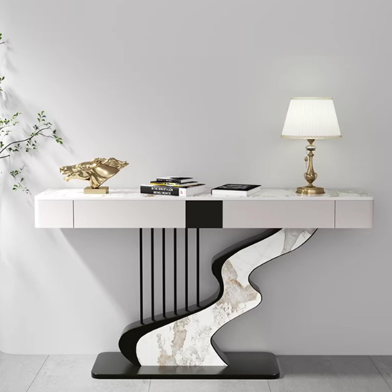 Mesa consola contemporánea de media luna con tablero de pizarra negro, mesa consola estrecha con tablero de piedra decorativa alargada, con dos cajones de almacenamiento y base de acero al carbono d