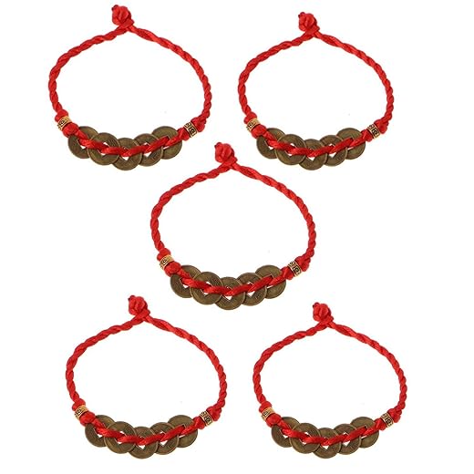 JinYu 5 Set Chinese Fortune Coins Bracelet Feng Shui Coins I-Ching Coins Traditional Coins with Red String for Wealth and Success