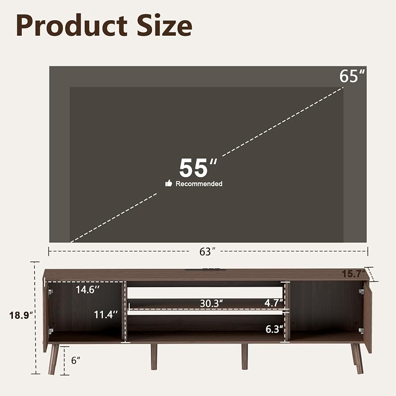 YOSHOOT 63" TV Stand Fit TVs Up to 70 inch, Mid Century Modern Entertainment Center with Power Outlet,Fluted Media Console with Open Shelves and Storage Cabinets for Living Room & Bedroom, Walnut image 2