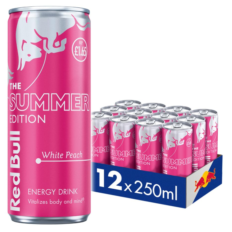 Red Bull Summer Edition Energy Drink White Peach Flavor, Pack of 12 Cans of 250 ml