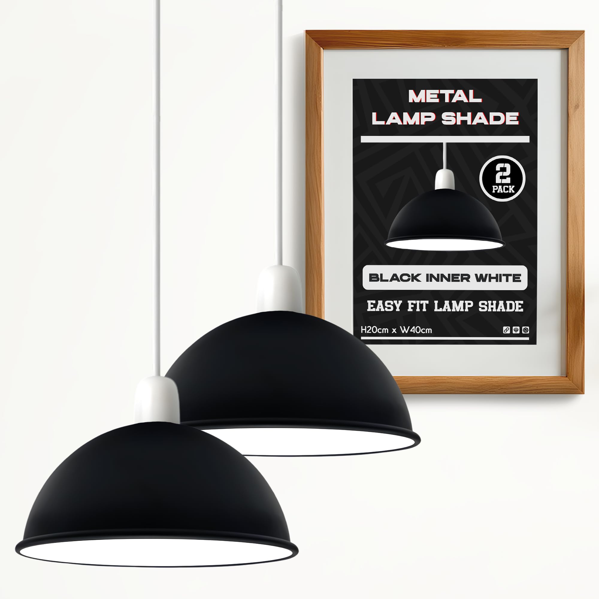 2 Pack 40cm Black White Metal Dome Easy Fit Ceiling Light Shade E27 E14 — image 1