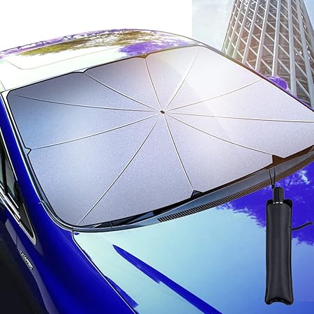 Amazon 車の日焼け止め 車のサンバイザー折りたたみ式 傘型車用サンバイザー フロントブロック 遮光 断熱 紫外線防止 車のフロントガラスのサンシェード 折りたたみ式のポップアップフロントガラス傘 駐車用日焼け止め サイズオプション 小型車とsuvモデルは普遍