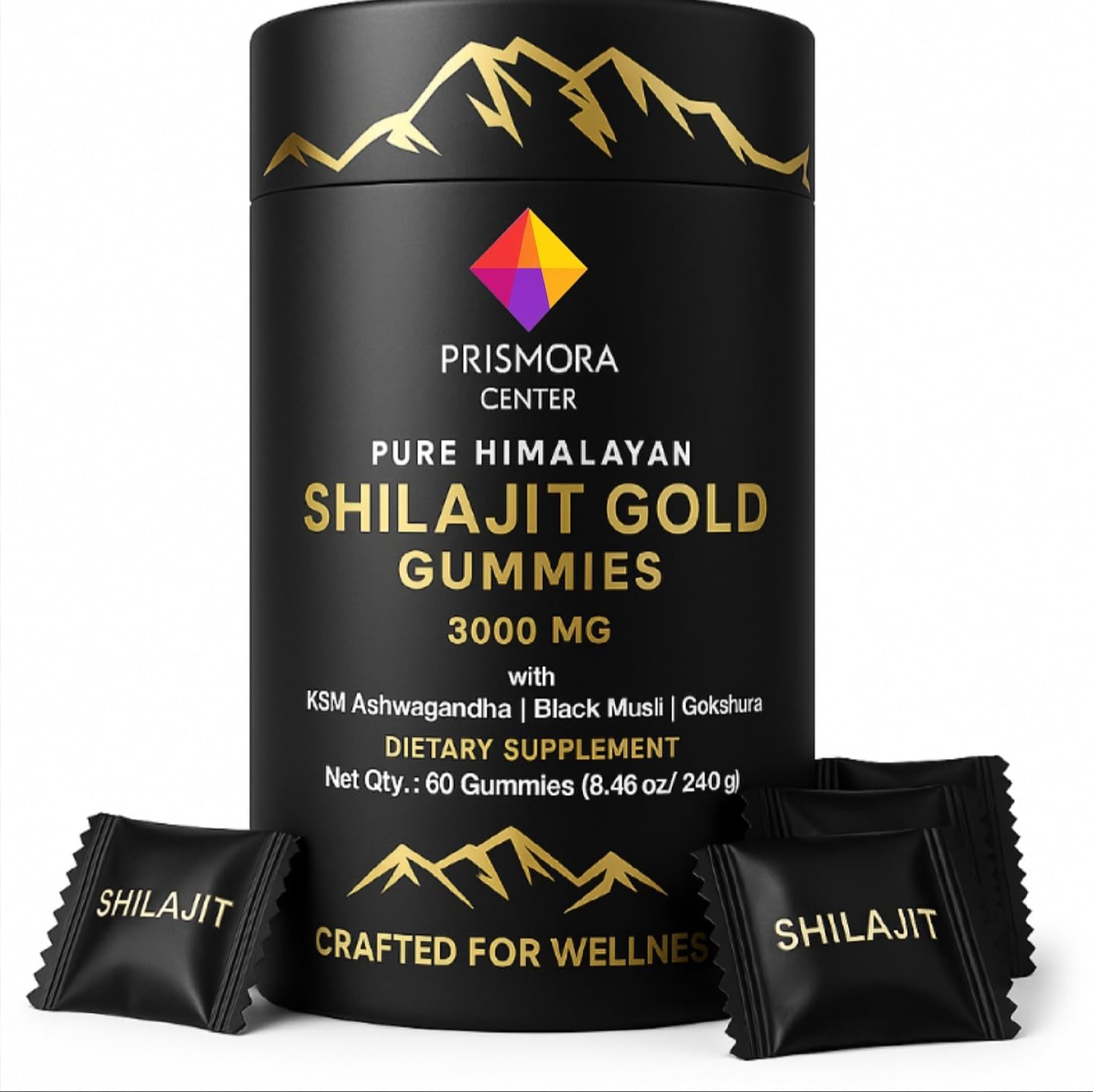 Pure Himalayan Shilajit Gold Gummies 3000 mg – with Ashwagandha, Black Musli, Gokshura, Ginger & Fulvic Acid – 60 Vegan Gummies, Pectin-Based, Gelatin-Free, Non-GMO