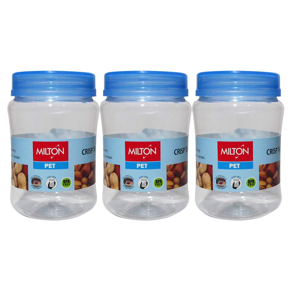 Crisp And Clear, Round Storage Pet Jars Set Of 3 (500 Ml), Plastic, Blue