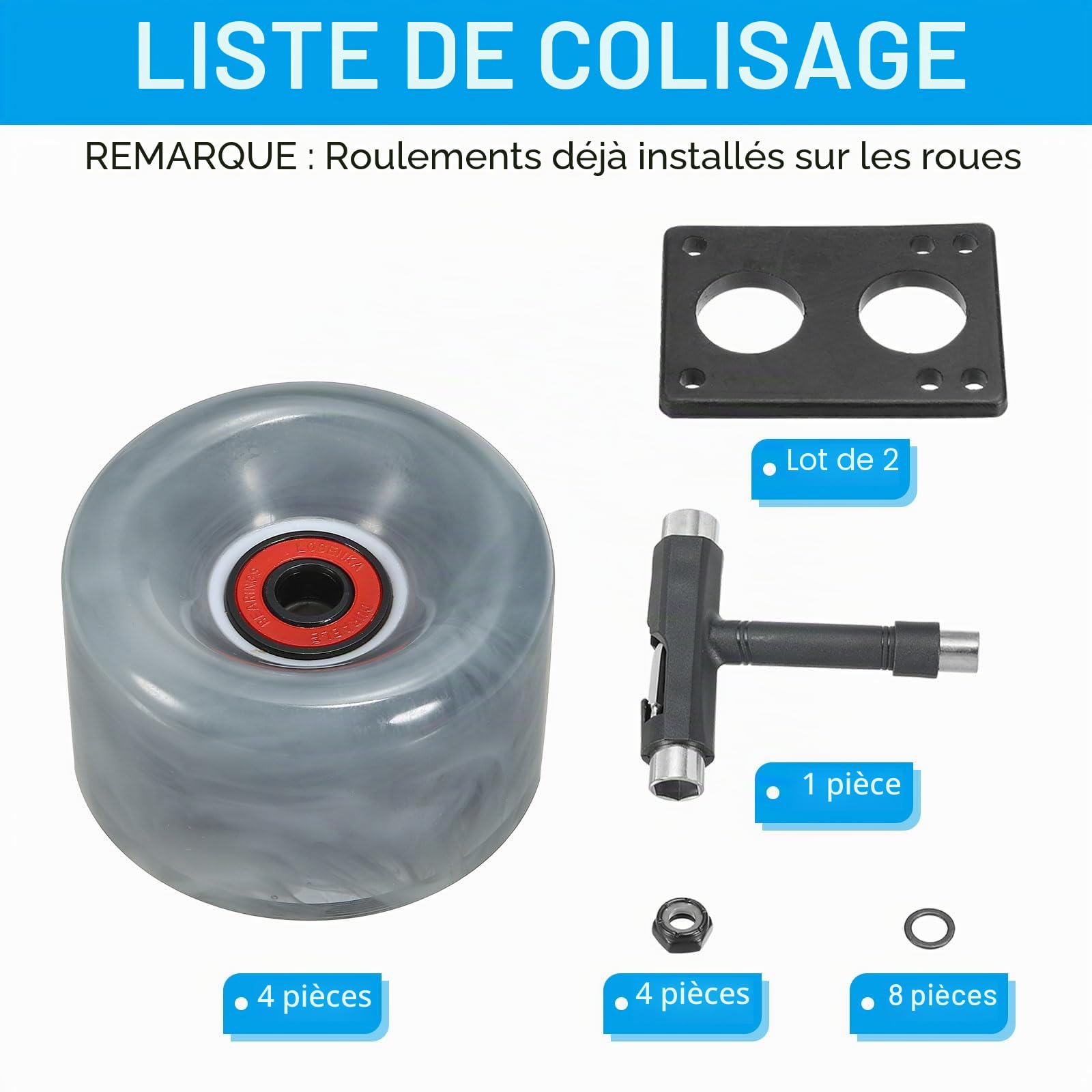 PATIKIL 4 Pcs Ensemble de Roues de Patins à roulettes 65mm 78A Gris | Ensemble de Roues de Skateboard Cruiser Lumineuses, avec Roulements Trucks Kit d'Outils, pour Patinage Quad Extérieur