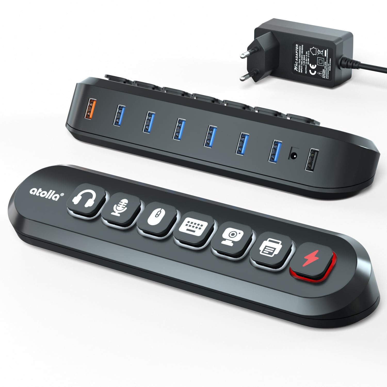 atolla - Hub USB activo 3.0 con fuente de alimentación de 36 W, concentrador USB 3.0 activo de 5 Gbps y 1 puerto de carga rápida, USB Hub con adaptador de fuente de alimentación de 12 V/3 A (cable de