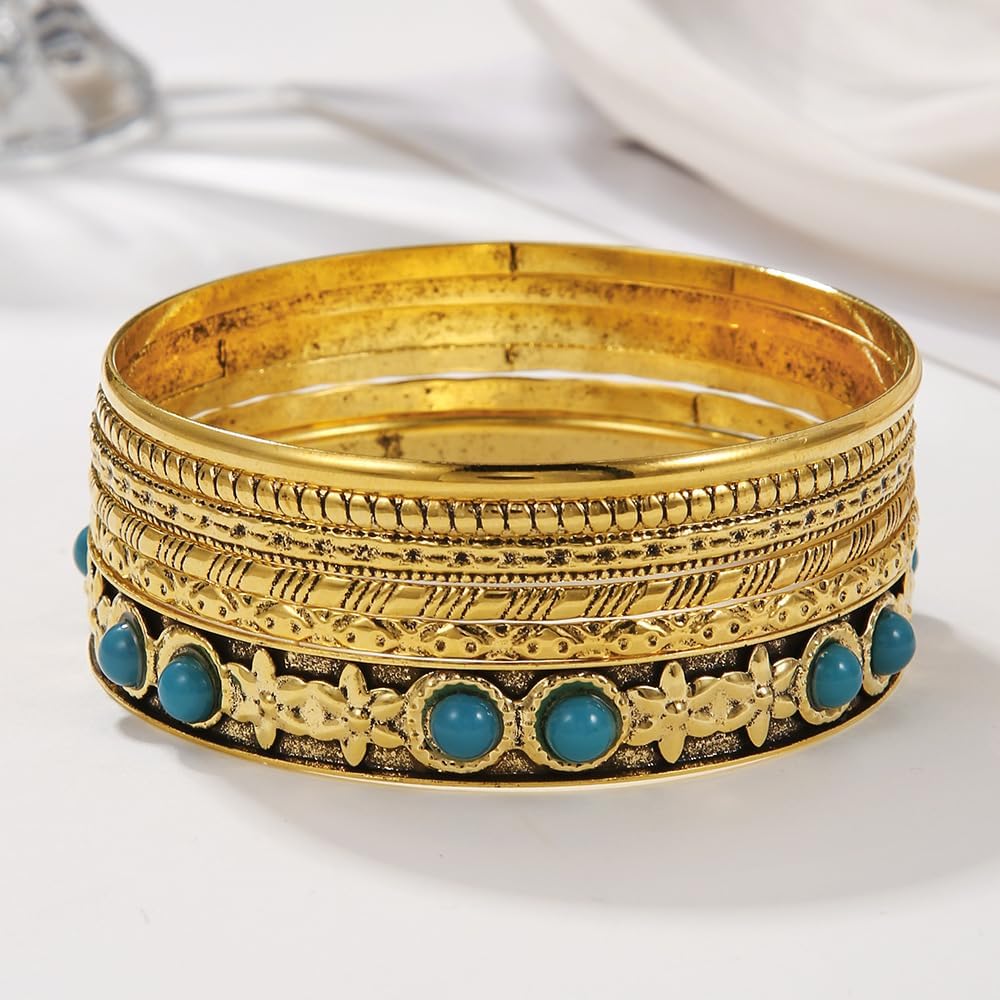 Caiyao 6-12Pcs Vintage Gold Silver Multilayer Stackable Textured Bangle Bracelets Bohemian Chunky Indian Cable Punk Wide Bracelet for Women African Ethnic Wedding Outfit Jewelry Gifts - Image 2