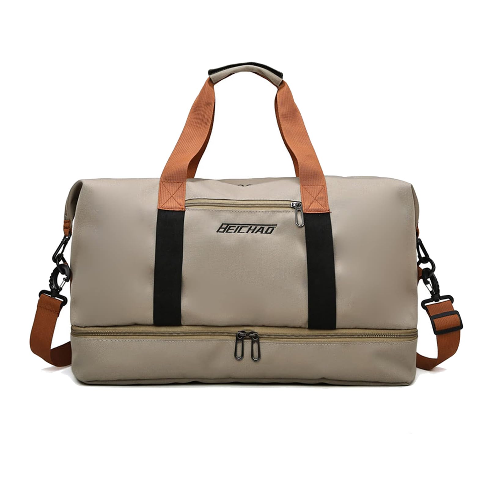 HUANYO Multifunctional Sports Gym Travel Duffel Bag for Men Women, Weekend Carry On Overnight with Shoe Compartment & Luggage Sleeve, Black/Green/Khaki (Khaki)