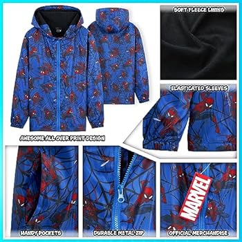 Marvel Jongens waterdichte jas Avengers Spiderman jas met capuchon fleece voering regenjas voor jongens tieners 4-14 jaar, Blauwe Spiderman, 4-5T