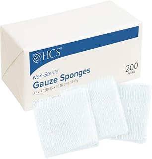 HCS Woven Gauze Sponges 4x4 - Non-Sterile, 12-Ply (200-Count) - 100% Cotton, Absorbent, Low-Linting Squares - 4x4 Gauze Pads, Large - Medical Supplies, Wound Care, First Aid, Surgical Use, Dental
