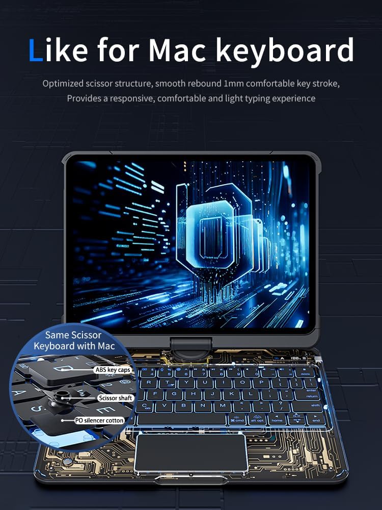 KARTICE Transparent Case with Wireless Keyboard for iPad Pro 11 Inch (M4,2024), 7 Colors Backlight, Multi-Touch Trackpad, 360° Rotating Stand Case with Pencil Holder for iPad Pro 11