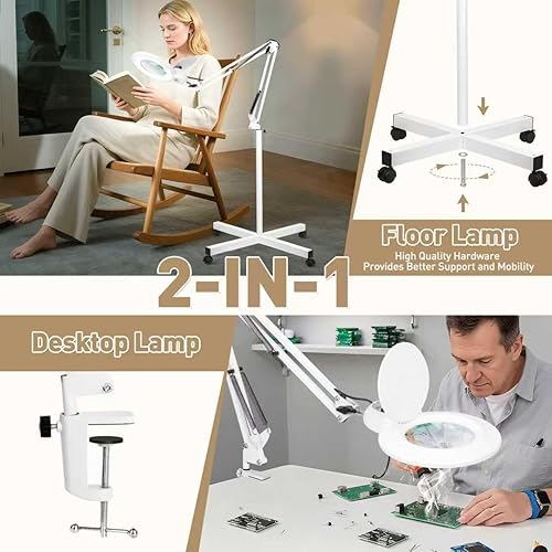 Miniatura 6 de Lupa de 10 veces con luz y soporte, 24 W y 2200 lúmenes, lámpara magnética de atenuación cálida y fría infinita para esteticistas, lámpara de pie