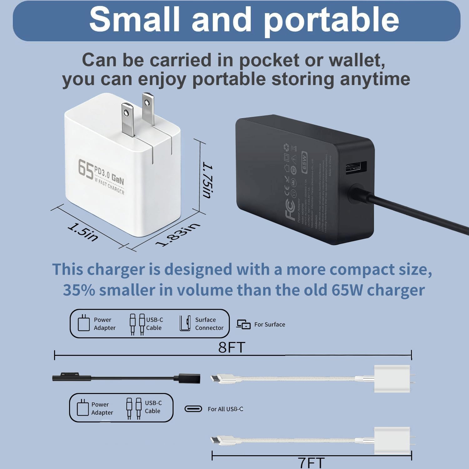 65W Surface Pro Charger Compatible with Microsoft Surface Pro 12/11/10/9/8/7/6/5/4/3/X/Laptop/Table/Book, 65W USB C Charger,6.5FT USB C Cable and Surface Connector Included