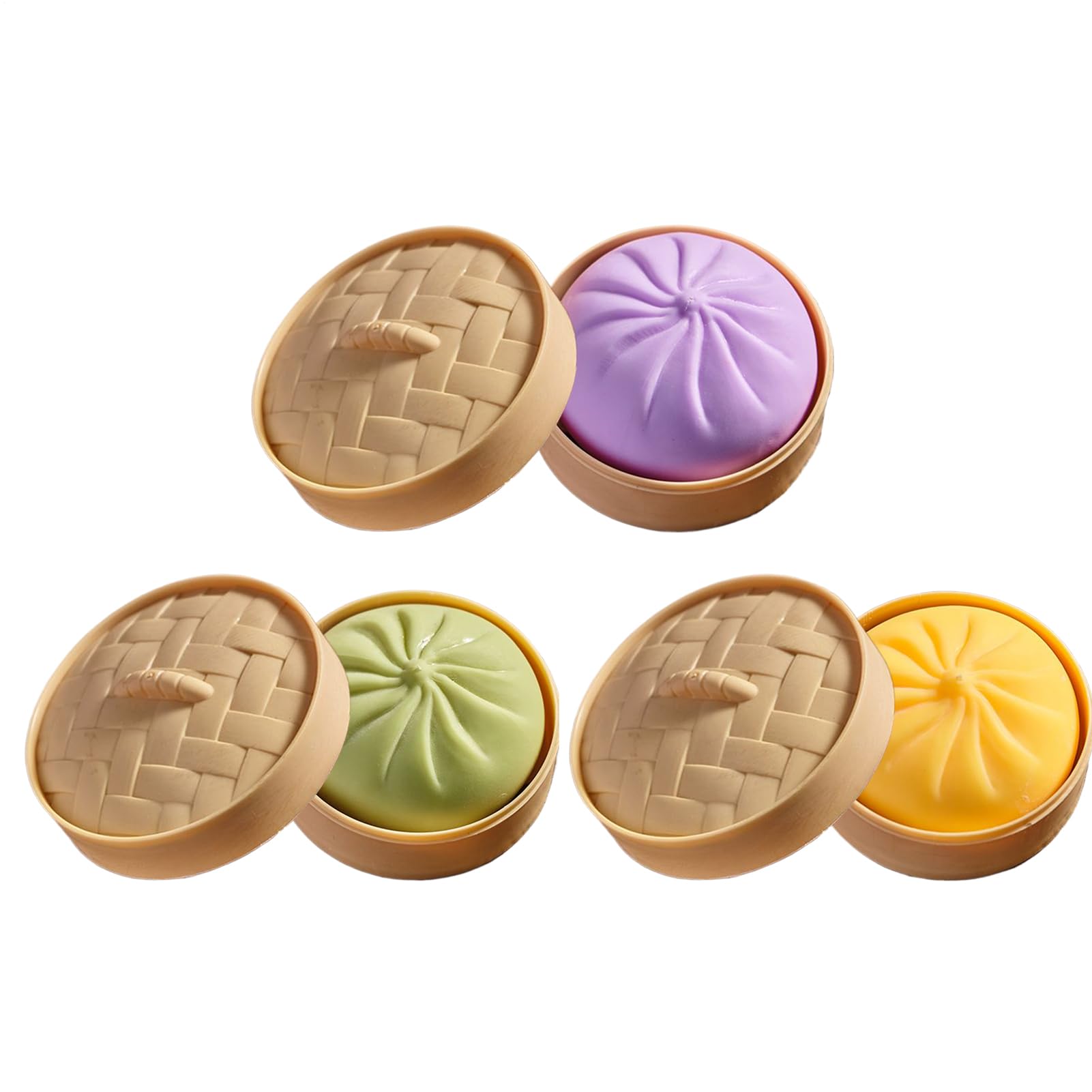 3 Pcs Bun Squeeze Toy, Buns With Food Steamer Stretchy Desk Toys, Dumpling Squishy Stress Balls, Colorful Steamed Stuffed Bun Fidget Squeeze Toys, Squeezing Dough Ball Stress Relief Toy(Yellow, Green,