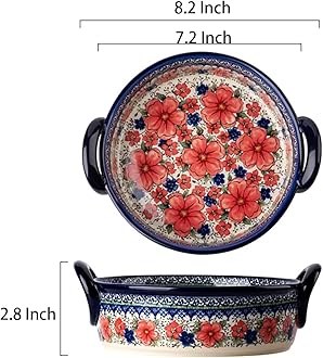 Bicuzat Vintage Style Cherry Blossom Flowers Pottery Bakeware Ceramic Casserole Dish Baking Pan Lasagna Pans Baking Dish with Handles for Oven to Table-1 PCS, 32 oz