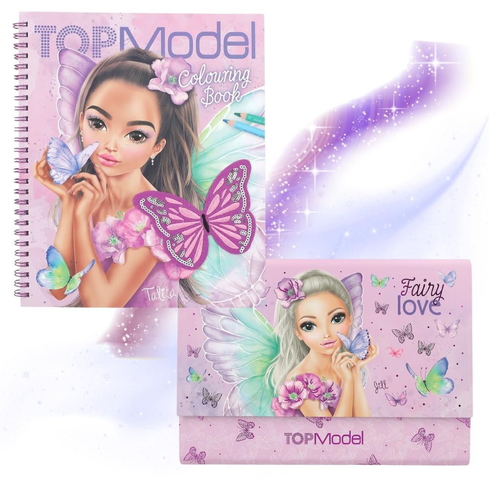 TOPModel Set - Libro para colorear con lentejuelas + papel de carta en carpeta abanico - FAIRY LOVE | Libro para colorear creativo y juego de papelería mágico para niñas