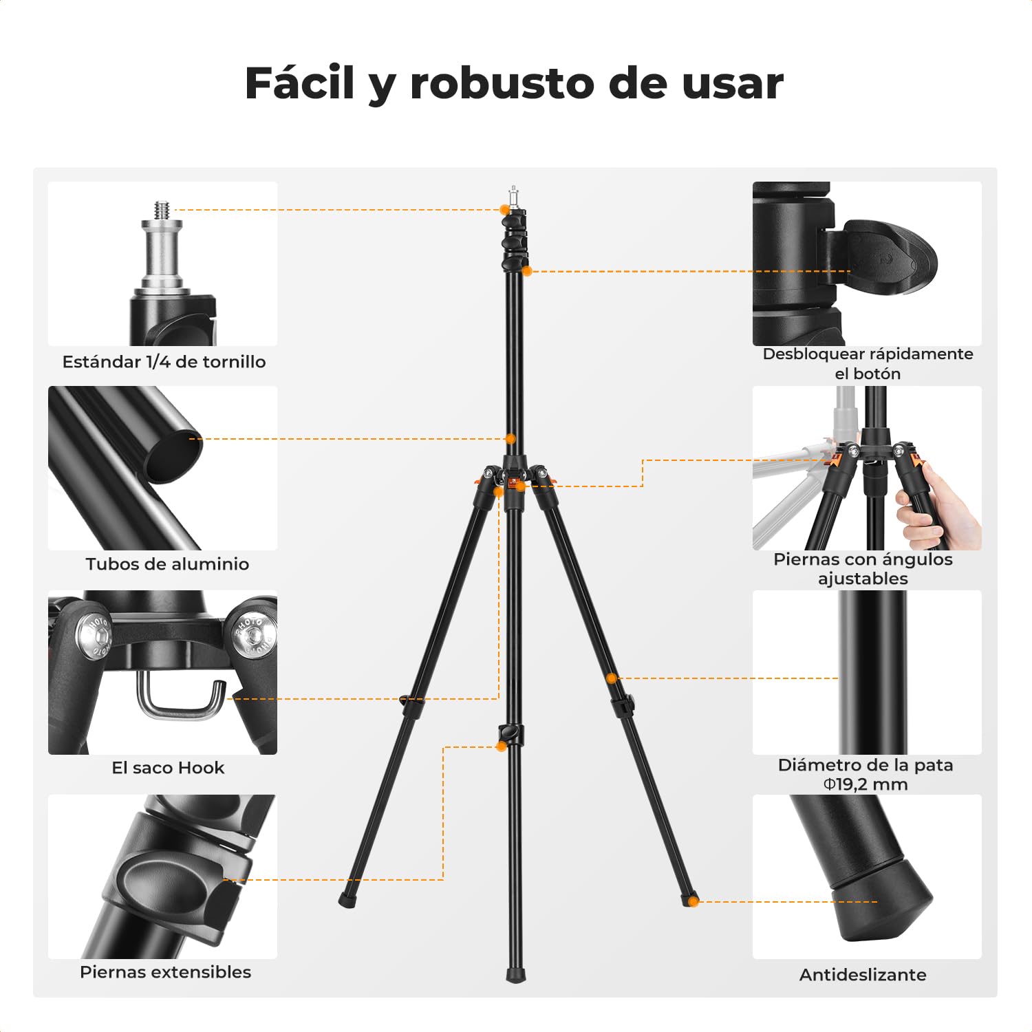 K&F CONCEPT Trípode de fotografía 200 cm, trípode de lámpara de Aluminio Reversible Ajustable Trípod para teléfono Celular con Tornillo de 1/4 "Bolsa de trípode para cámara de luz estroboscópica