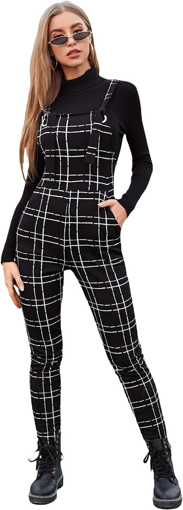 WDIRARAWomen's Plaid Overall Straps High Waist Pinafore Casual Jumpsuit with Pocket