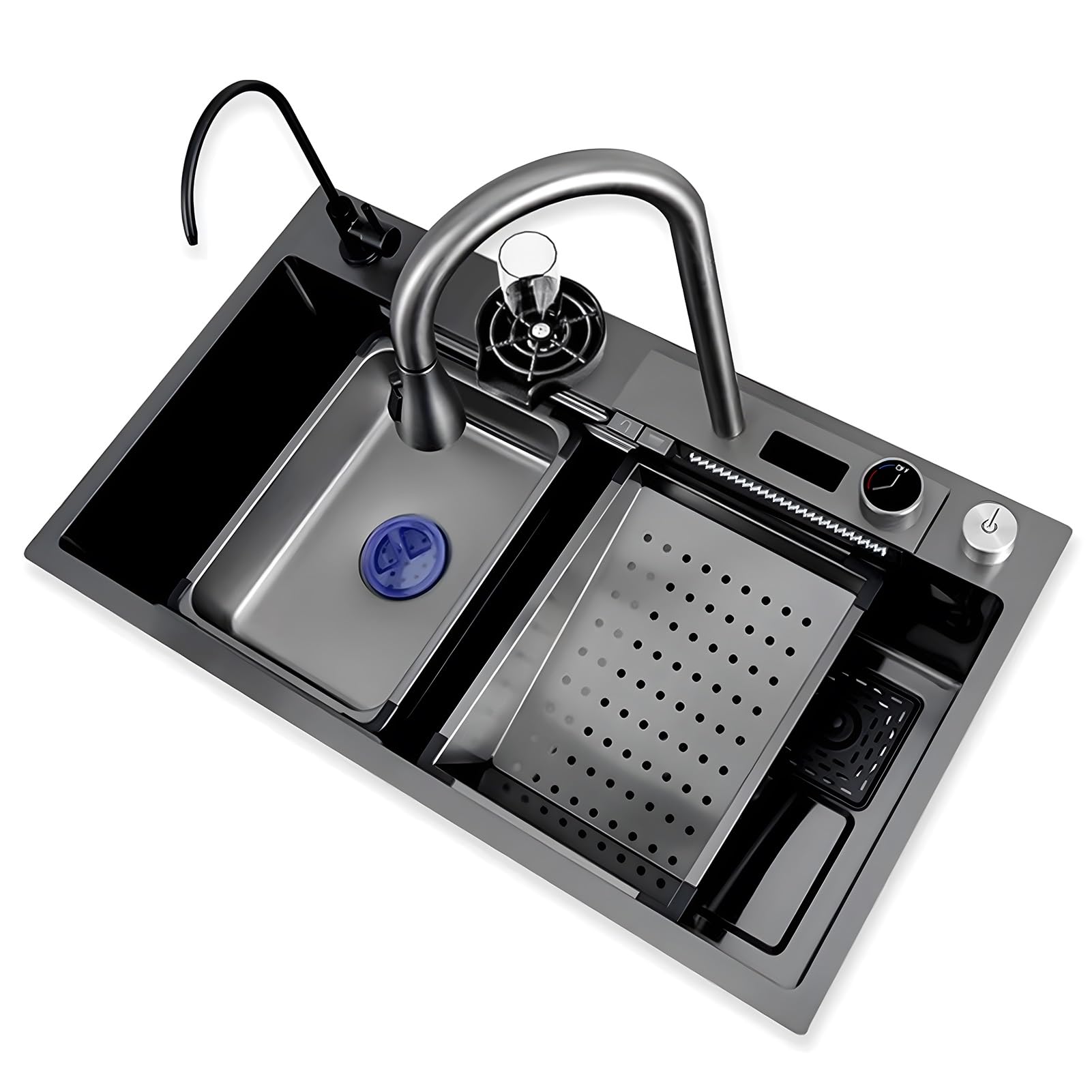 YADZISW 50 cm Wide Black Waterfall Kitchen Sink - Large Stainless Steel Single Basin with Extendable Tap Glass Rinser Drain Pipe & Workstation (80 x 22 cm)