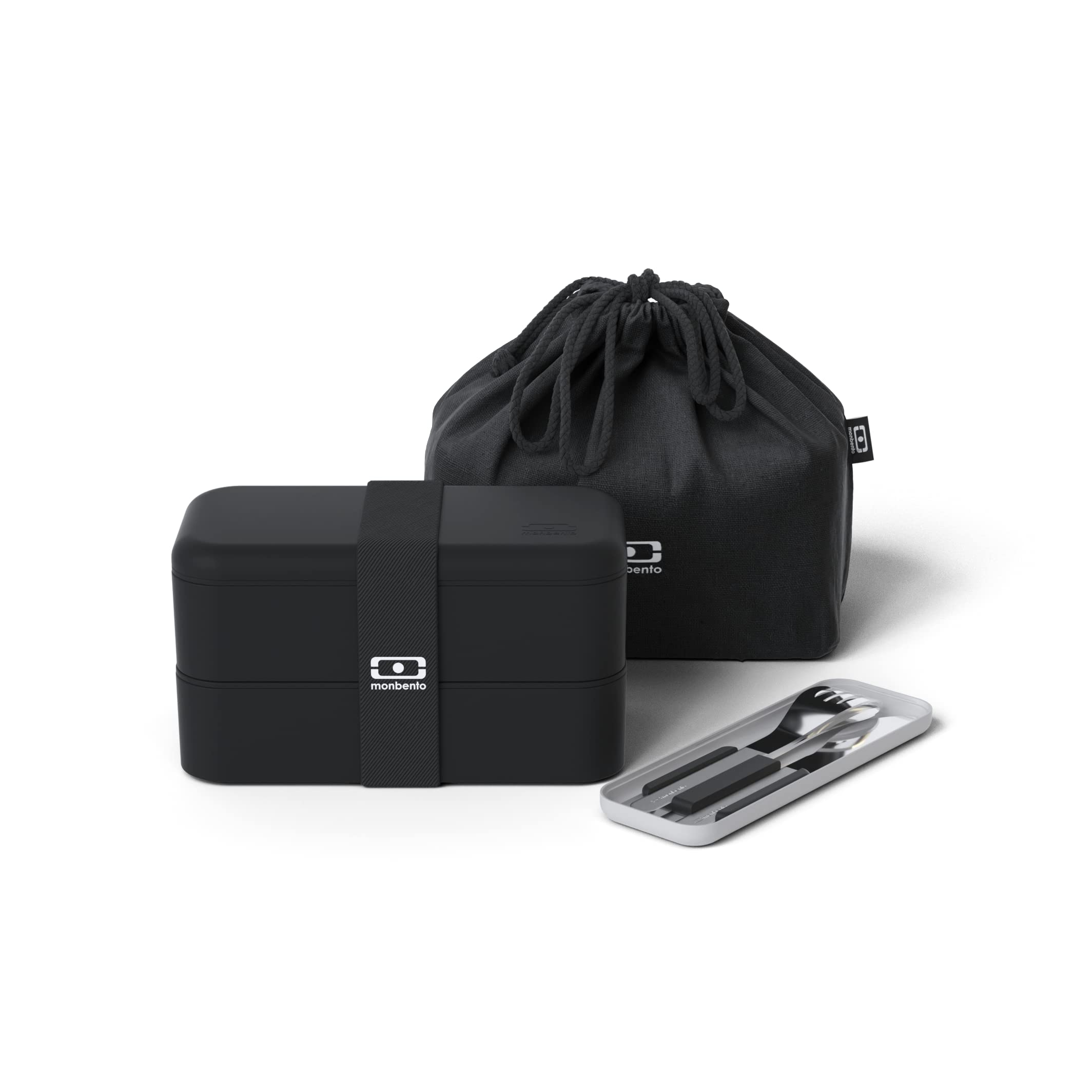 MONBENTO - Set Lunch box Onyx - avec Bento Box MB Original à Compartiments Made in France, Set Couverts Inox MB Slim Box, Lunch Bag MB Pochette M - Sans BPA - Durable et Sûr - Noir