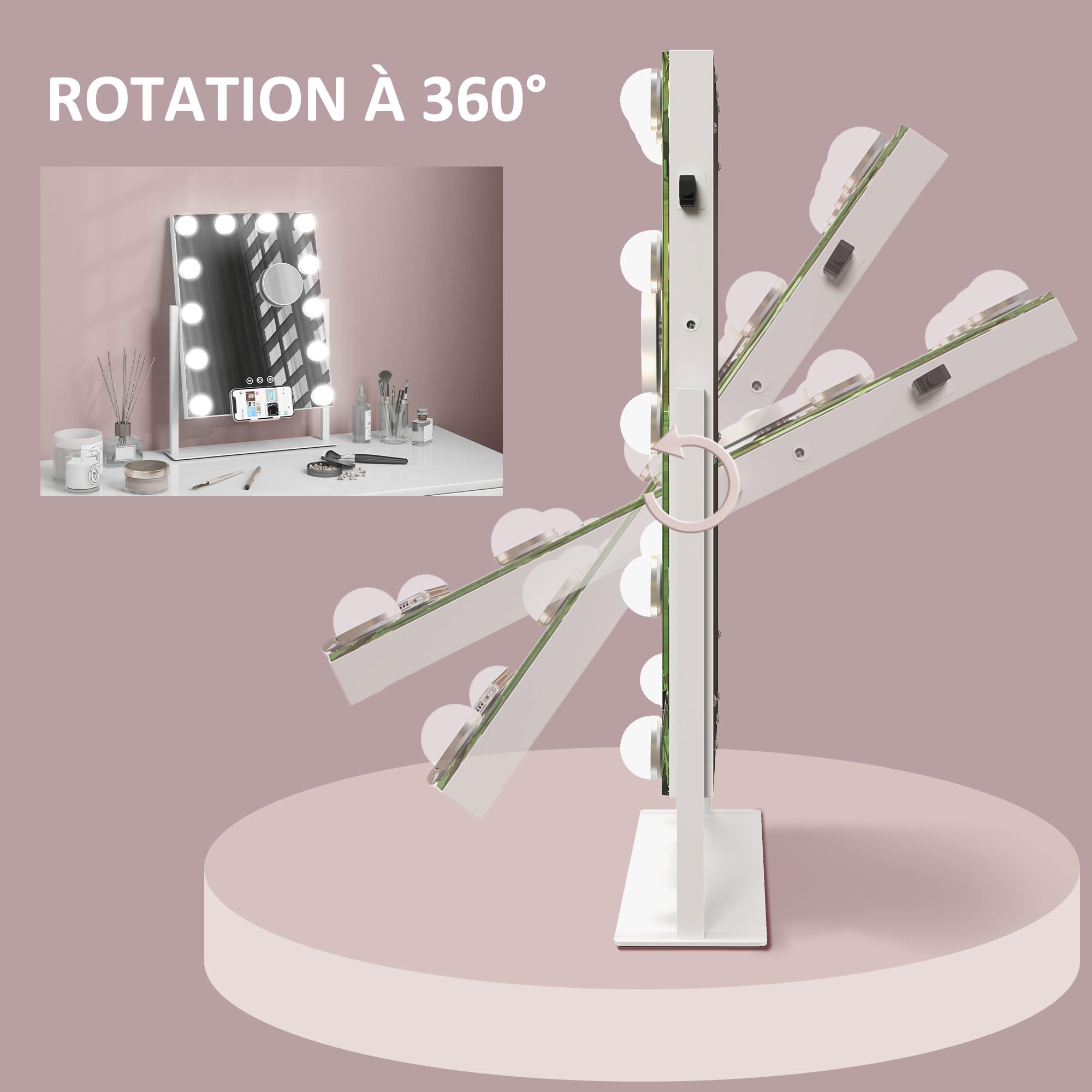 HOMCOM Miroir Hollywood Lumineux 36,5 x 45,5 cm Miroir Coiffeuse Blanc | LED 12 Ampoules, 3 Modes Luminosité Réglable, Rotation à 360°, Grossissement 10X, Port de Charge USB, Touche Tactile