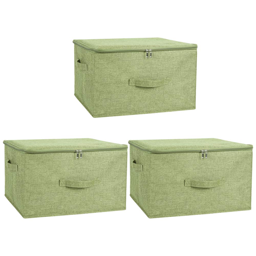 ANMINY 3PCS Storage Bins with Zipper Lids 51.9 Qt Lidded Fabric Storage Boxes Baskets Cubes with Handles Collapsible Washable Cotton Linen Closet Shelf Clothes Organizer - Green, Extra Large