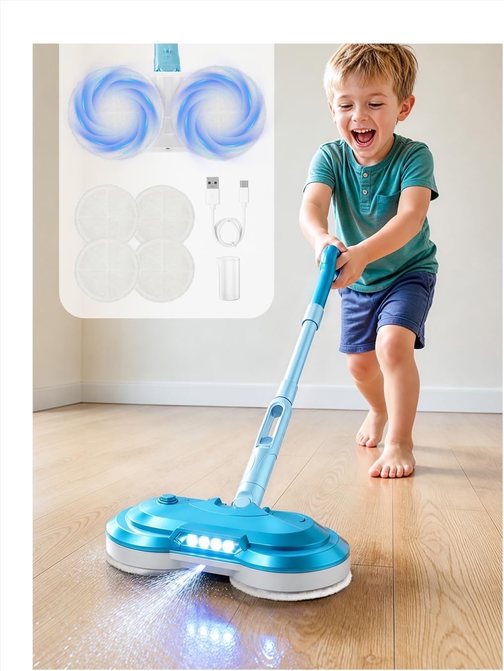 BLAXTEM Kids Electric Spray Spin Mop Toy, Rechargeable Cordless Electric Mop W/ Water Sprayer & LED Headlight for Children Girls & Boys, Cleaning Toy for Pretend Play (Pink)
