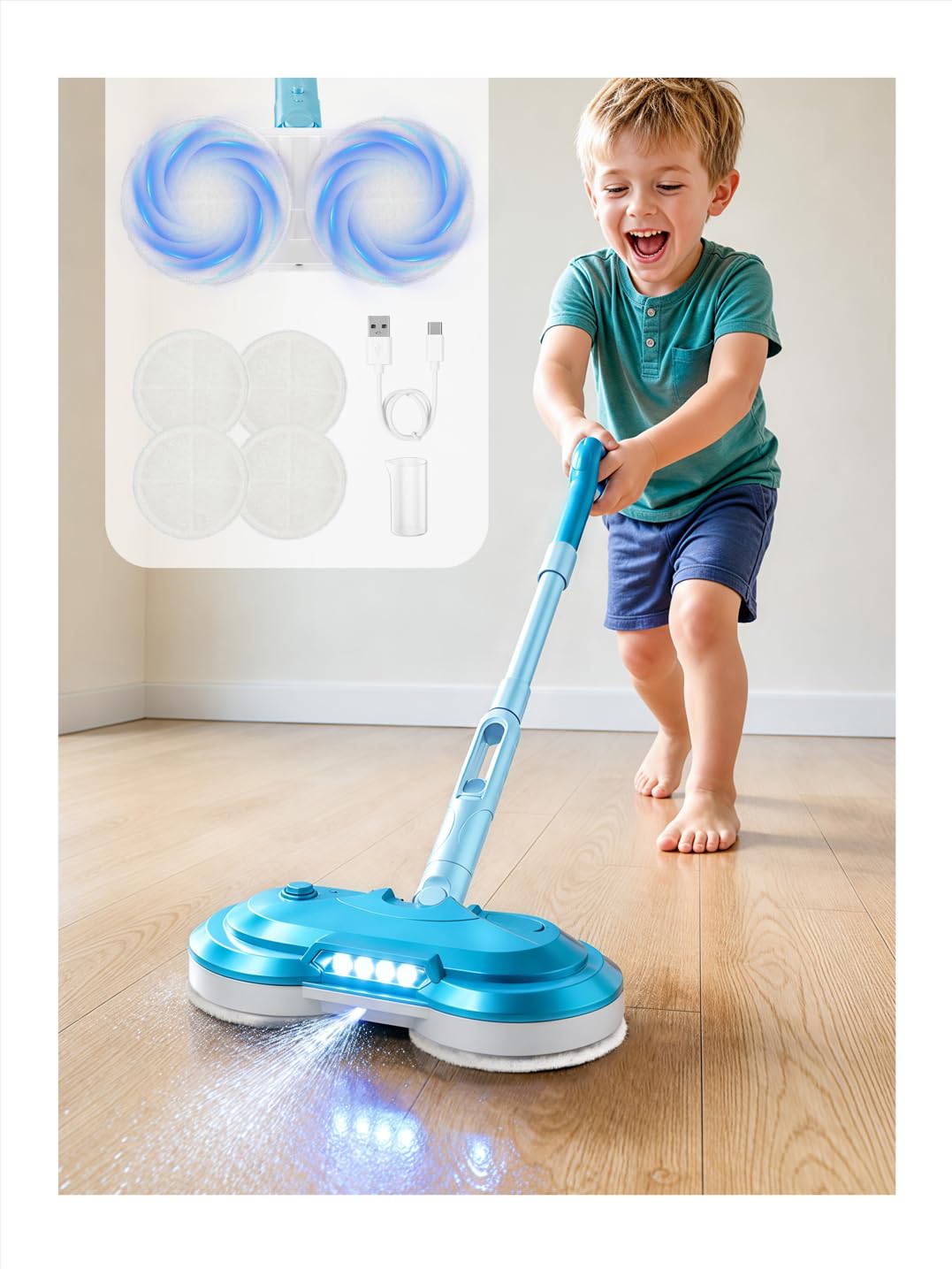 BLAXTEM Giocattolo elettrico per mocio, ricaricabile con spruzzatore d'acqua (azzurro) | Fari a LED, senza fili, giocattolo per la pulizia per ragazzi e ragazze