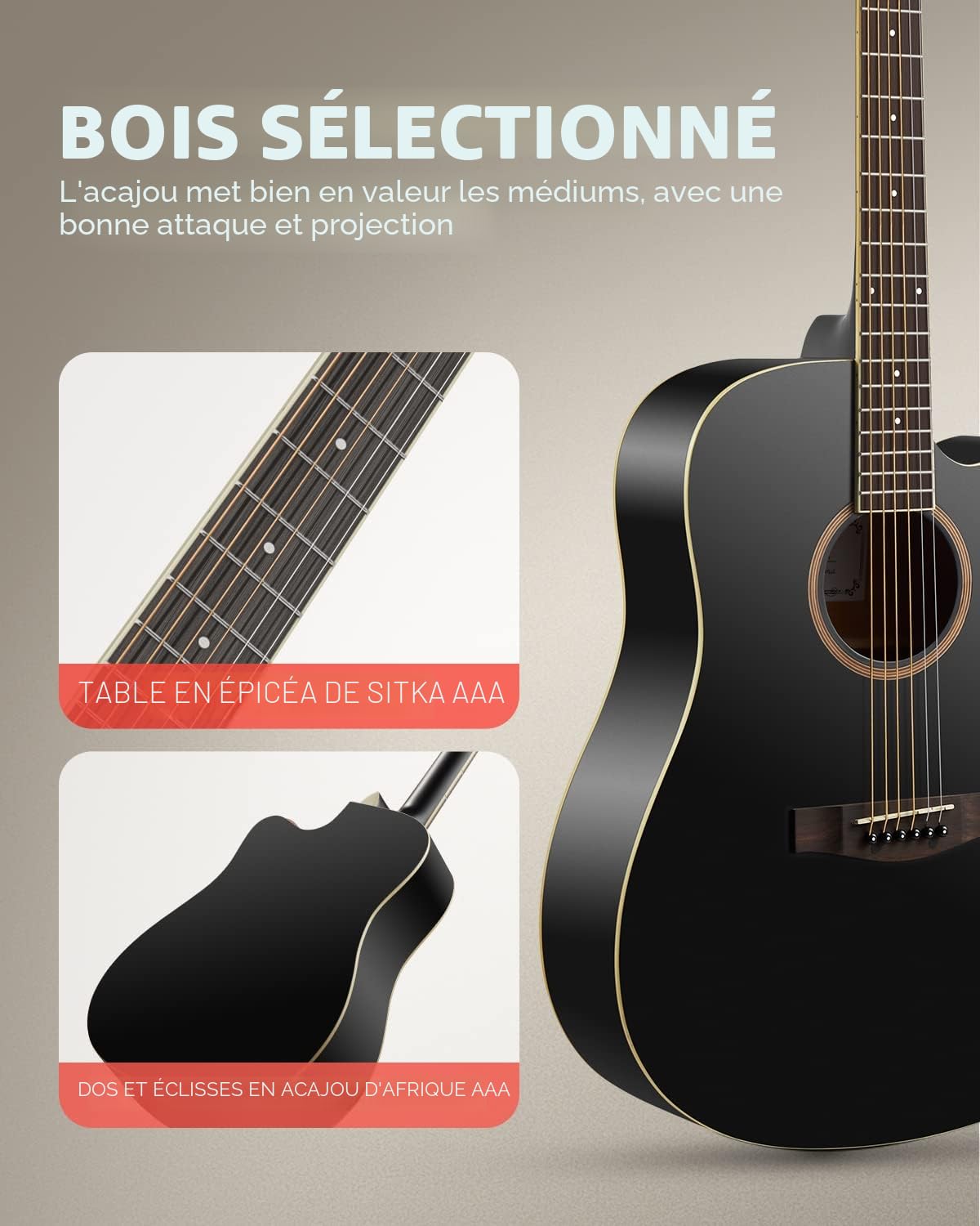 Donner Guitare Acoustique 4/4 Guitare Folk 41 Pouces pour Adultes Débutant Guitare Cutaway Kit avec Accordeur Corde Sac (Noir）