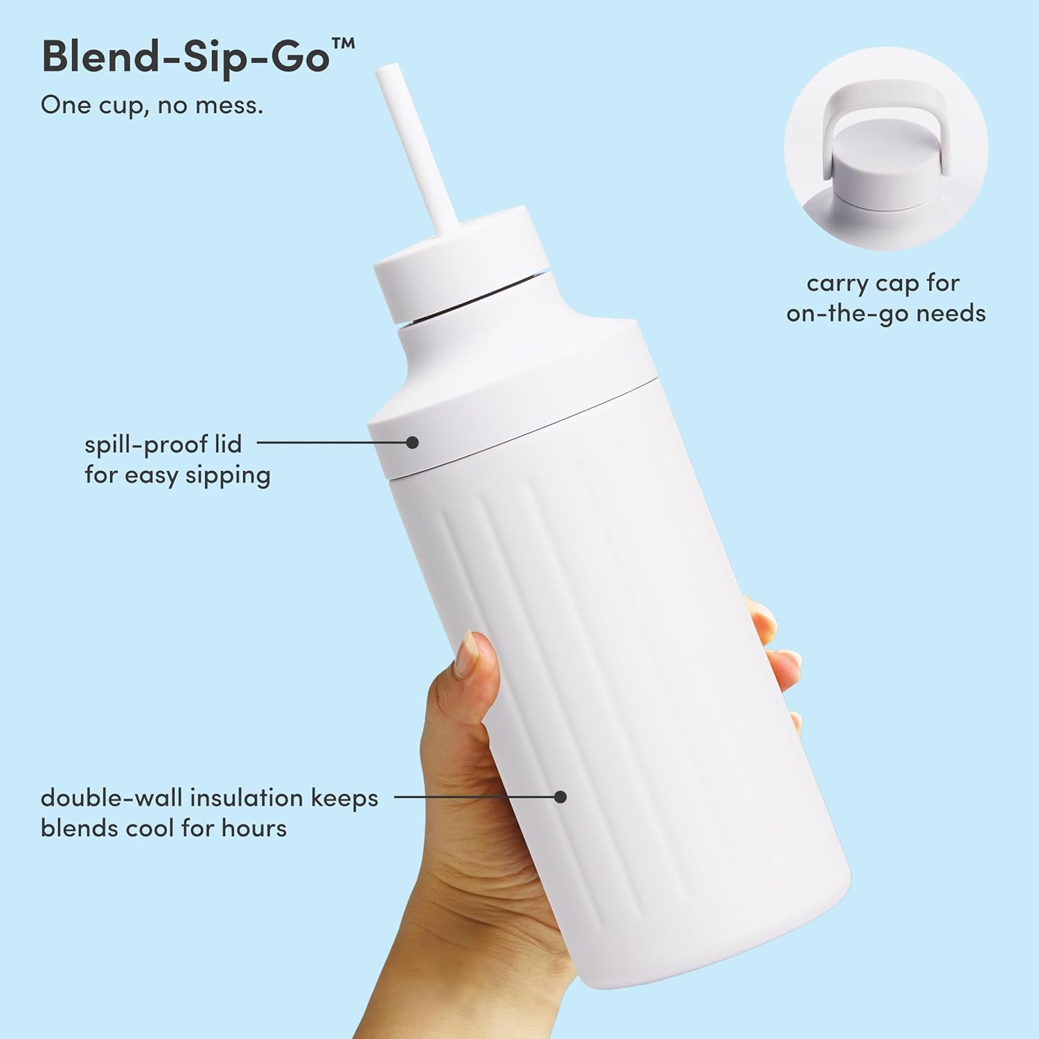Beast Mini 600 Stainless Steel | Mini Countertop Kitchen Blender | Insulated Stainless Steel Vessel | Smoothies, Shakes, Dressings, Sauces, Dips | Portable Straw Caps and Lids | 600W (Cloud White)