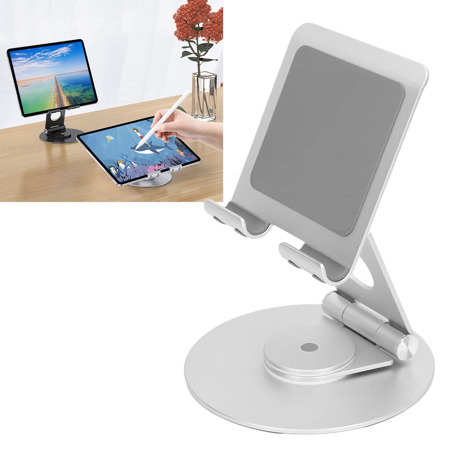 Supporto pieghevole per telefono con rotazione a 360 gradi, supporto da scrivania in alluminio ad altezza regolabile, base stabile per laptop fino a 17,3 pollici e smartphone (Argento)