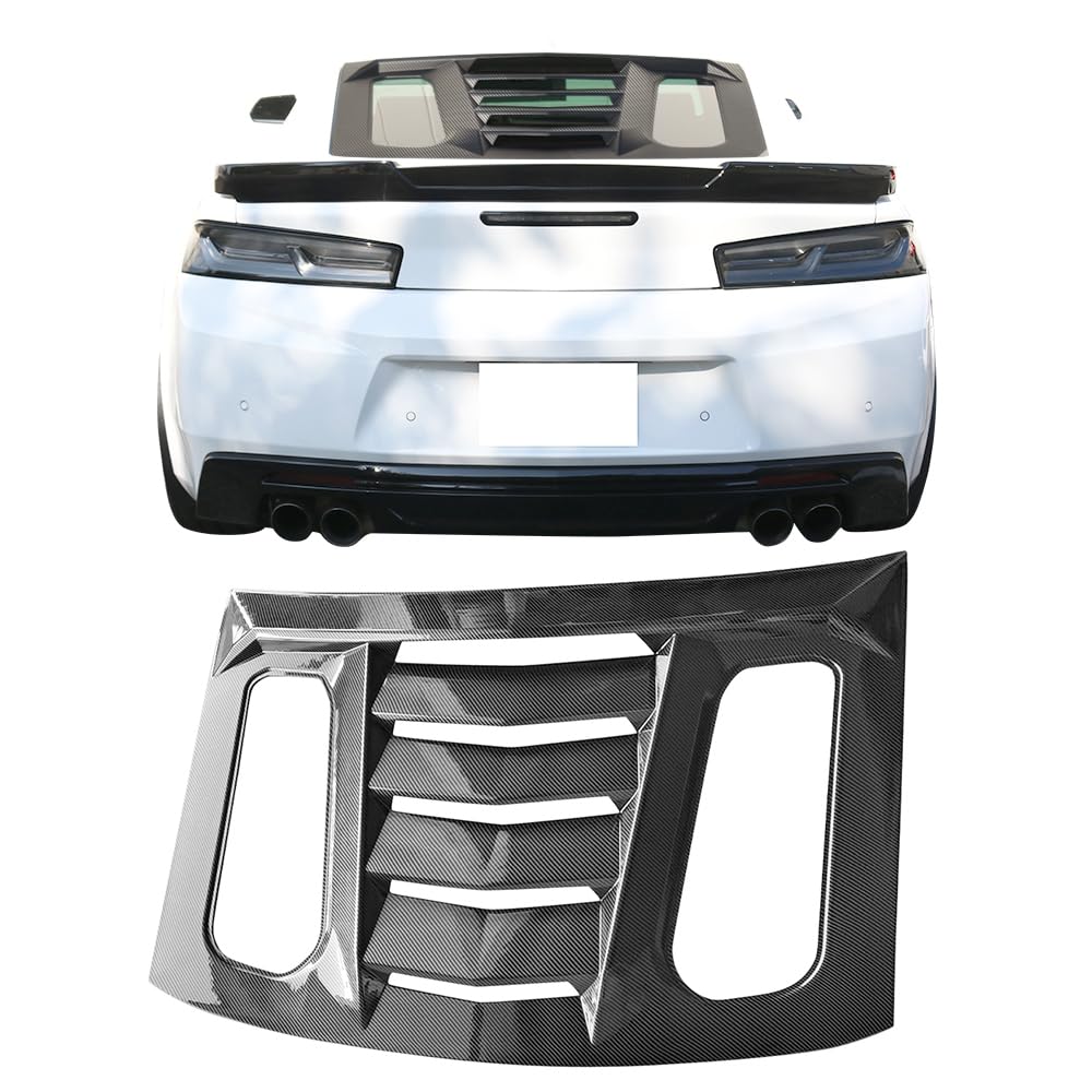 IKON MOTORSPORTS, Rear Window Louver Compatible with 2016-2024 Chevy Camaro, Carbon Fiber Print Sun Shade Cover Windshield Scoop, 2017 2018 2019
