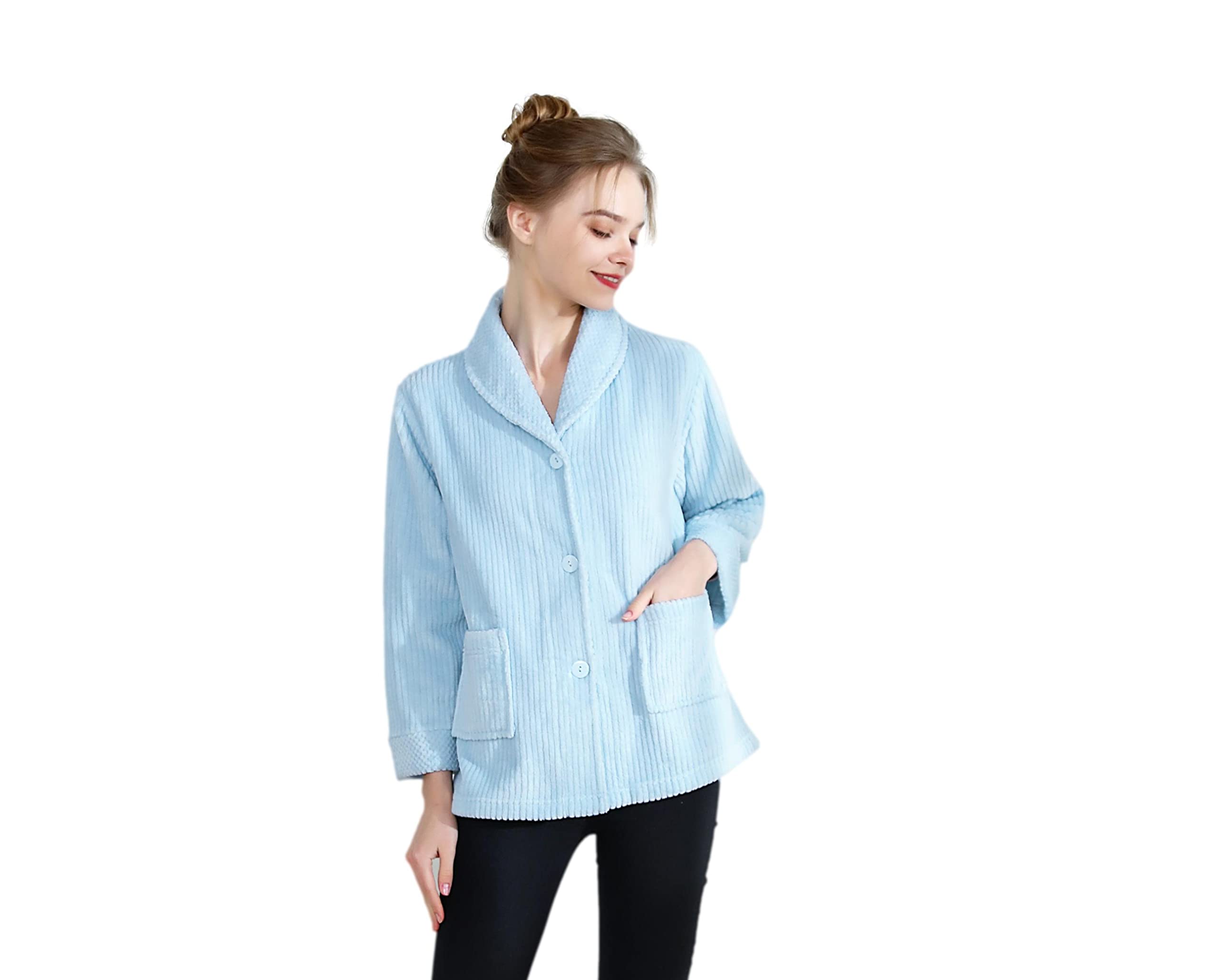 Loungees Women's Drop Needle Coral Fleece Shawl Collar Button Front Bed Jacket