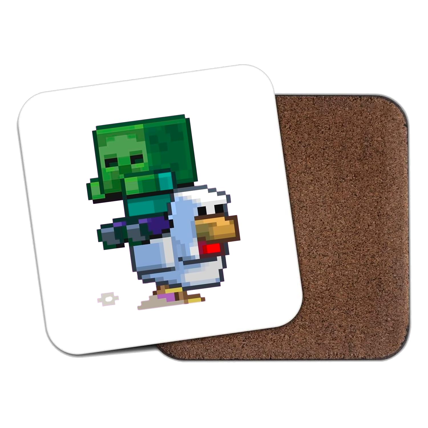 Willow Gifts White Chicken Zombie Jockey Craft Mine Pixel Art Coaster - Funny Retro Gamer Coaster, Cool Style Chicken Undead Design (White)