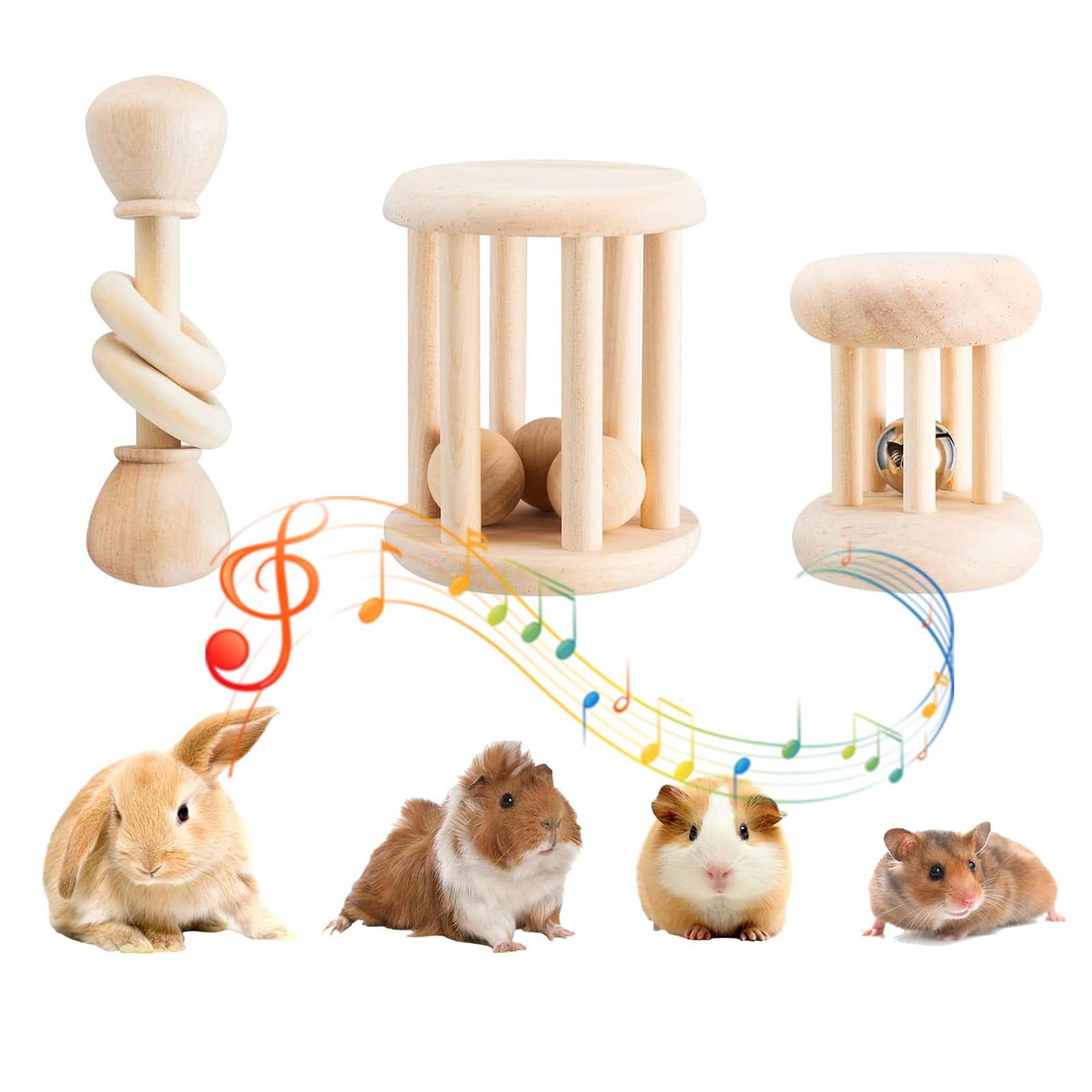 Photo 1 of KABASI 3 PCS Wooden Bunny Toys, Safe Rabbit Guinea Pigs Bite-Resistant Natural Wooden Chew Teeth Grinding Toys for Chinchillas Hamsters Small Animals Rat Playing Indoor Outdoor